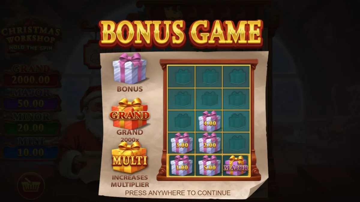 Christmas Workshop: Hold The Spin স্লট গেমের উৎসবমুখর ইন্টারফেস